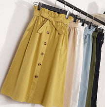 Load image into Gallery viewer, Display of One Size Midi Skirt in Yellow, Khaki, White Sky Blue, Green, Black
