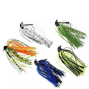 picture of 5 bass fishing jigs in varous colors