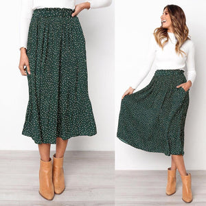 Womens Pleated Dotted Midi-Length Full SkirtWomens Pleated Dotted Midi-Length Full Skirt Green on 2 models