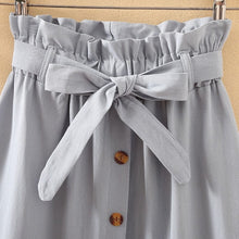 Load image into Gallery viewer, Closeup of Waist, Sash and Buttons on Sky Blue Womens One Size Midi Skirt
