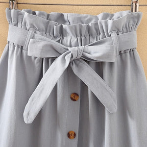 Closeup of Waist, Sash and Buttons on Sky Blue Womens One Size Midi Skirt