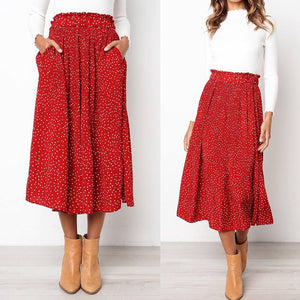 Womens Pleated Dotted Midi-Length Full Skirt Red 2 views