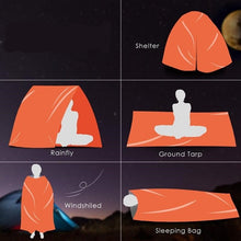 Load image into Gallery viewer, Mylar Standby Sleeping Bag diagram of 5 uses
