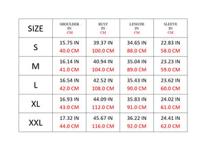 Size Chart Womens Knee Length Coat