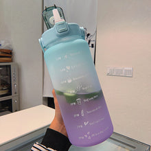 Load image into Gallery viewer, gradient blue to purple 2L Travel Water Bottle with some water
