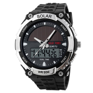 Mens Solar Sports Watch Silver Accents
