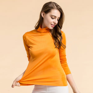 Women Silk Long Sleeve Turtleneck Orange