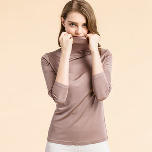 Women Silk Long Sleeve Turtleneck khaki
