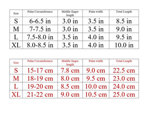 Size Chart for Warm Winter Gloves Touch Fingertips Zip Closure