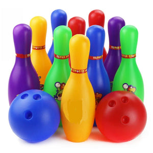 Plastic Bowling Set 10 Colored Pins 2 Bowling Balls With Finger Holes