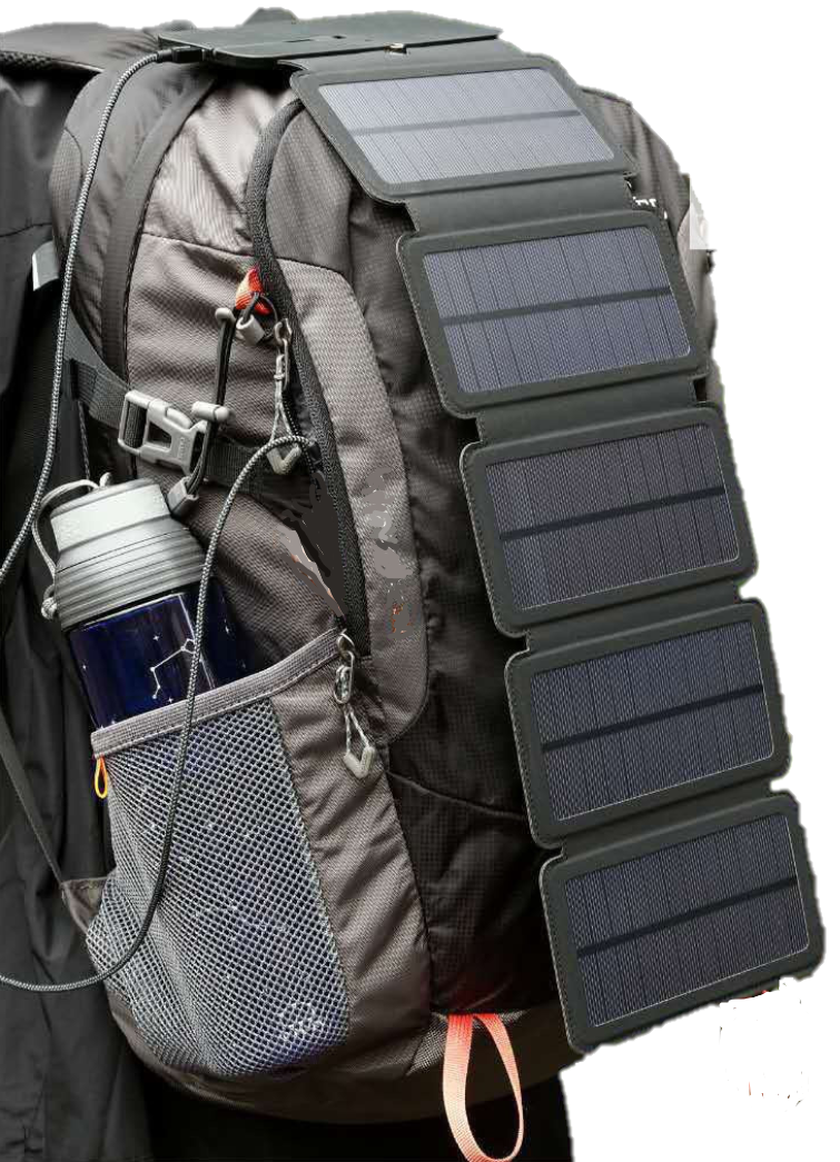 5 Panel 10W Solar Charger Pictured hanging on backpack
