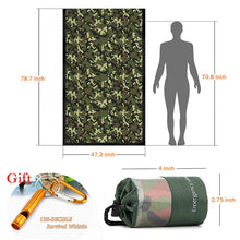 Load image into Gallery viewer, Mylar Standby Sleeping Illustration of  Sleeping Bag, Carry Bag, Whistle, Carabiner Green Multi
