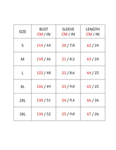 Size Chart for womens loose t-shirt gradient print