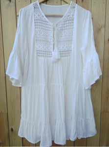 Womens White Lacy Coverup Dressy Casual Style Fluted 3/4 Sleeves